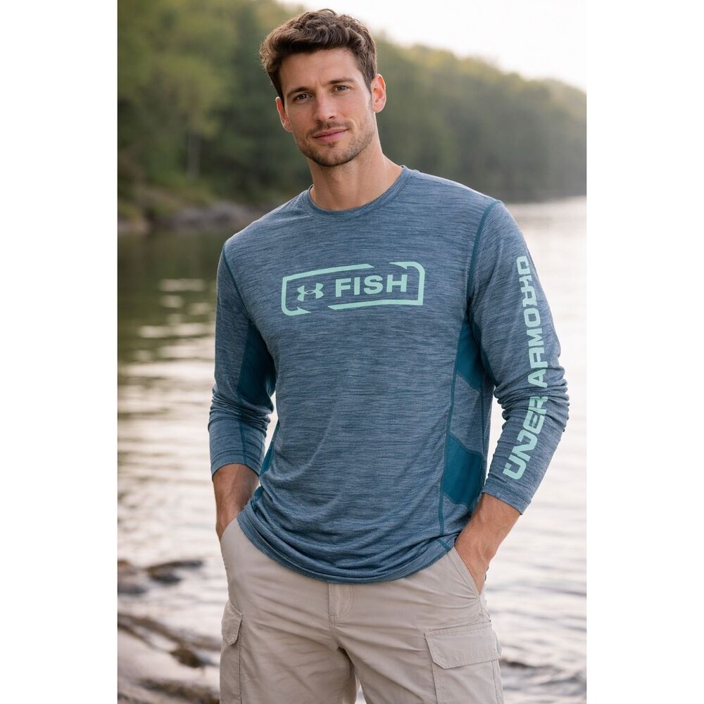 Under Armour Fish HeatGear Long Sleeve Shirt Blue Men’s Size L